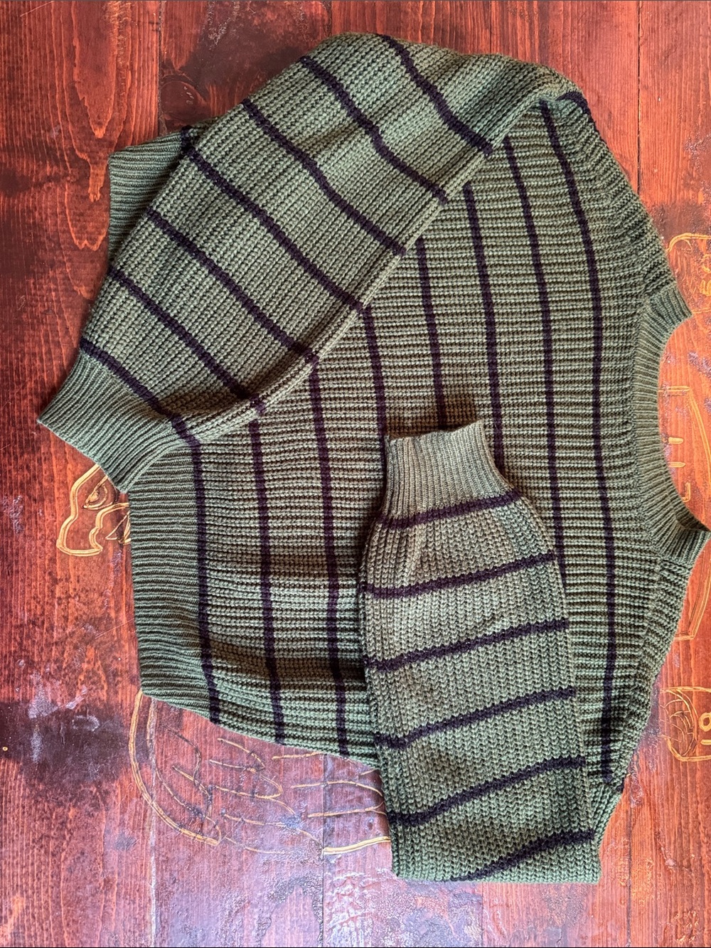 Cider Olive Green & Navy Striped Crew Sweater